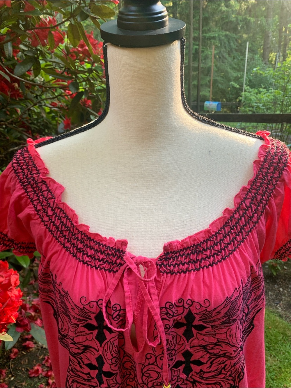 Rock & Roll Cowgirl Pink Short-Sleeve Peasant Blouse with Black Graphic - Picture 3 of 8